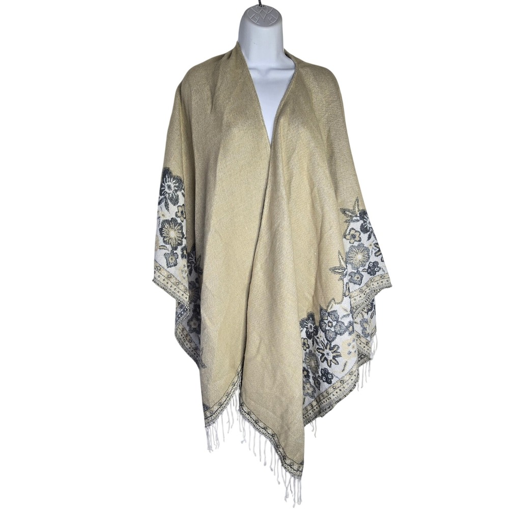 Chico's Floral Border Ruana Poncho Women OS Tan Gray Acrylic Blend Boho Fringed